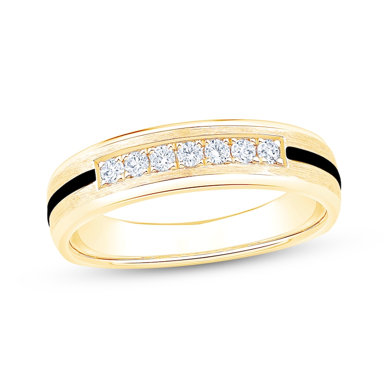 Main Image 1 of Now + Forever Men's Diamond & Black Enamel Stripe Wedding Band 1/5 ct tw 10K Yellow Gold