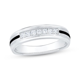 Now + Forever Men's Diamond & Black Enamel Stripe Wedding Band 1/5 ct tw 10K White Gold
