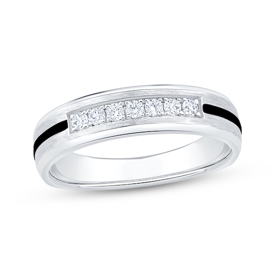 Now + Forever Men's Diamond & Black Enamel Stripe Wedding Band 1/5 ct tw 10K White Gold