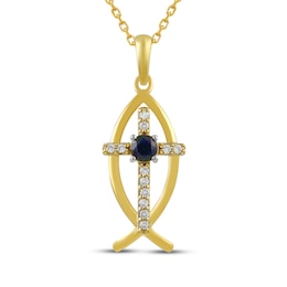 Blue & White Lab-Created Sapphire Ichthus Cross Necklace 10K Yellow Gold 18"