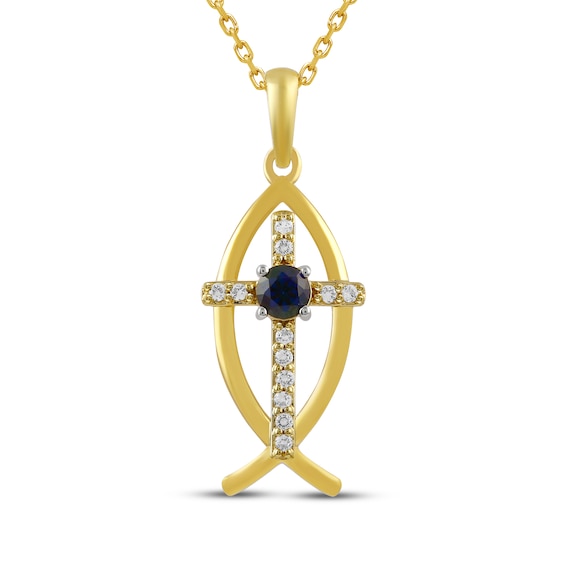 Blue & White Lab-Created Sapphire Ichthus Cross Necklace 10K Yellow Gold 18"