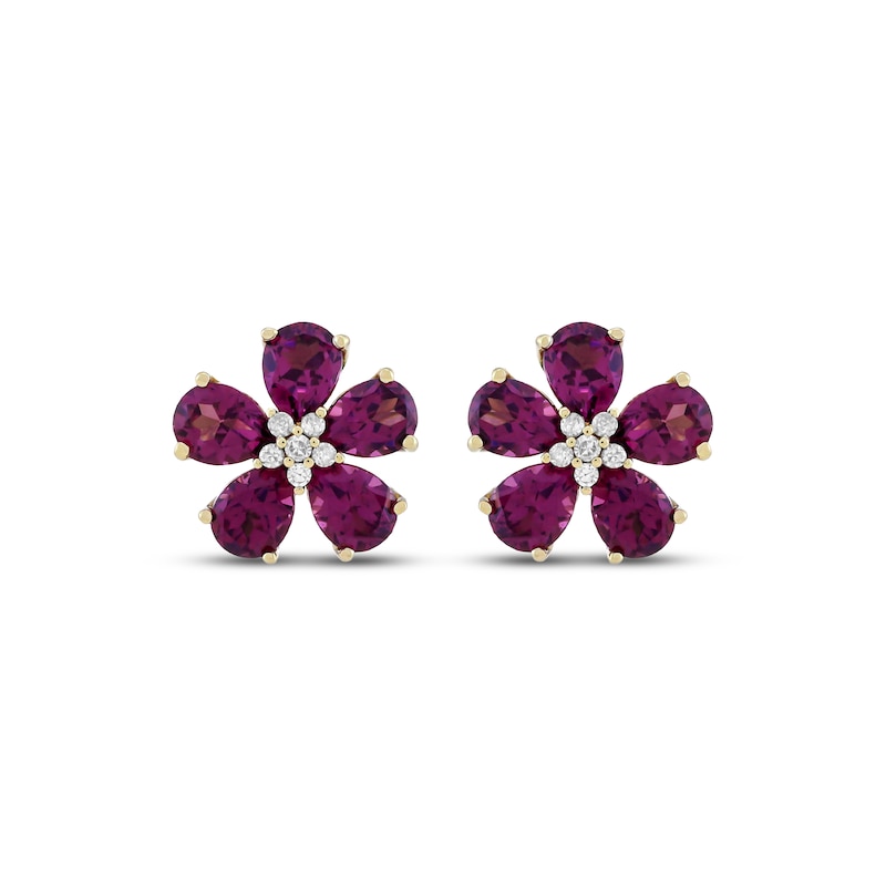 Main Image 2 of Pear-Shaped Rhodolite Garnet & Diamond Flower Stud Earrings 1/20 ct tw 10K Yellow Gold