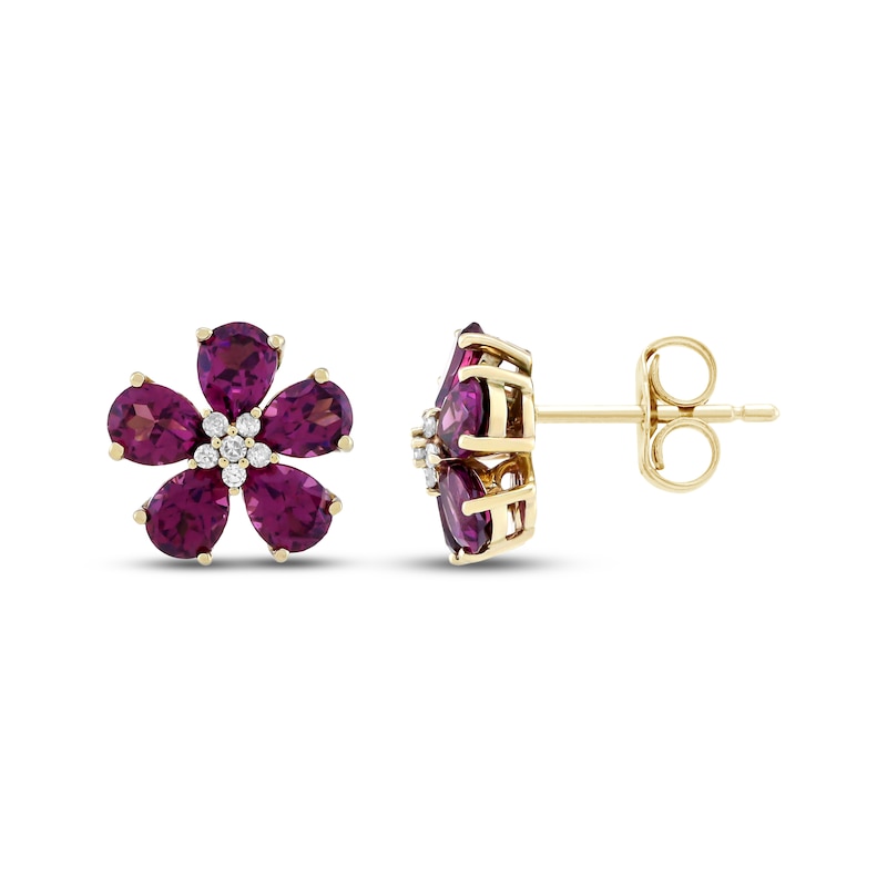 Main Image 3 of Pear-Shaped Rhodolite Garnet & Diamond Flower Stud Earrings 1/20 ct tw 10K Yellow Gold