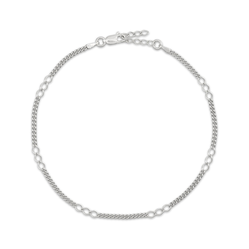 Main Image 1 of Open Link Station Curb Chain Anklet Solid Sterling Silver 10"