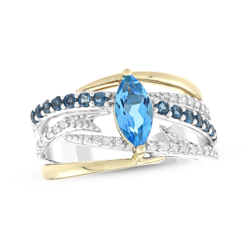 Main Image 1 of Marquise-Cut Swiss Blue Topaz, London Blue Topaz & Diamond Crossover Ring 1/5 ct tw Sterling Silver & 10K Yellow Gold
