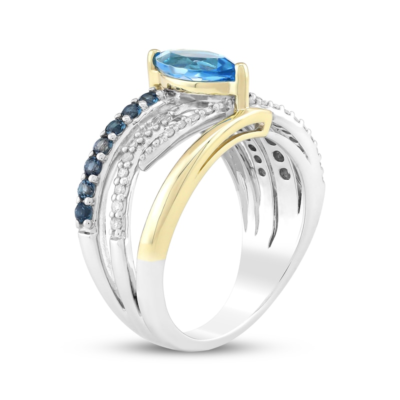 Main Image 2 of Marquise-Cut Swiss Blue Topaz, London Blue Topaz & Diamond Crossover Ring 1/5 ct tw Sterling Silver & 10K Yellow Gold