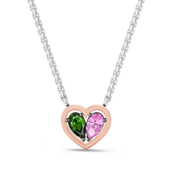 Wicked Pear-Shaped Pink Lab-Created Sapphire & Chrome Diopside Heart Necklace Sterling Silver & 10K Rose Gold 18"