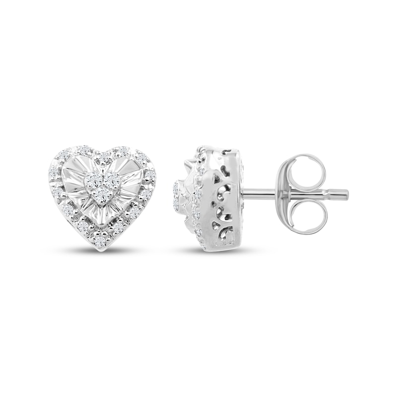 Main Image 1 of Multi-Diamond Heart-Shaped Halo Stud Earrings 1/8 ct tw Sterling Silver