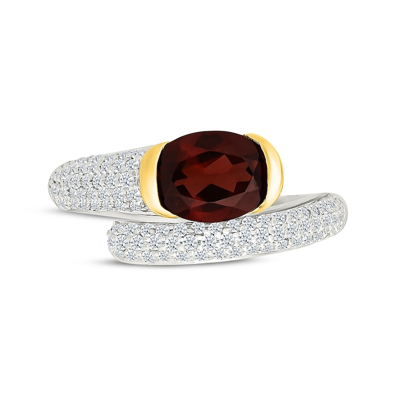 Main Image 4 of Oval-Cut Garnet & White Lab-Created Sapphire Bypass Ring Sterling Silver & 10K Yellow Gold