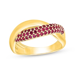 Lab-Created Ruby Crossover Ring 10K Yellow Gold