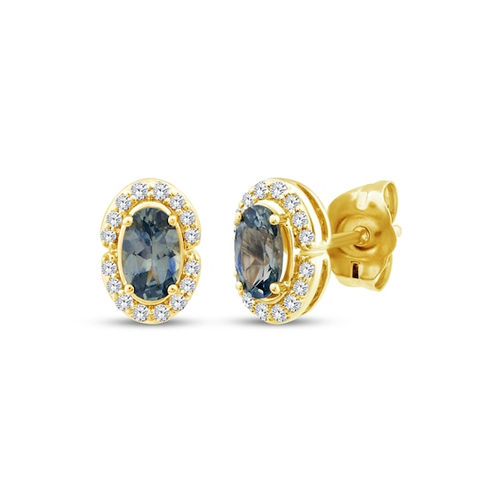 American Blue Sapphire & Diamond Halo Stud Earrings 1/10 ct tw 10K Yellow Gold