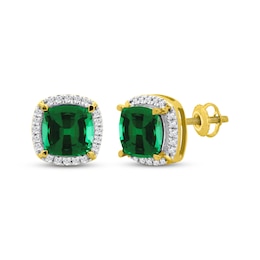 Men's Cushion-Cut Lab-Created Emerald & Diamond Stud Earrings 1/6 ct tw 10K Yellow Gold