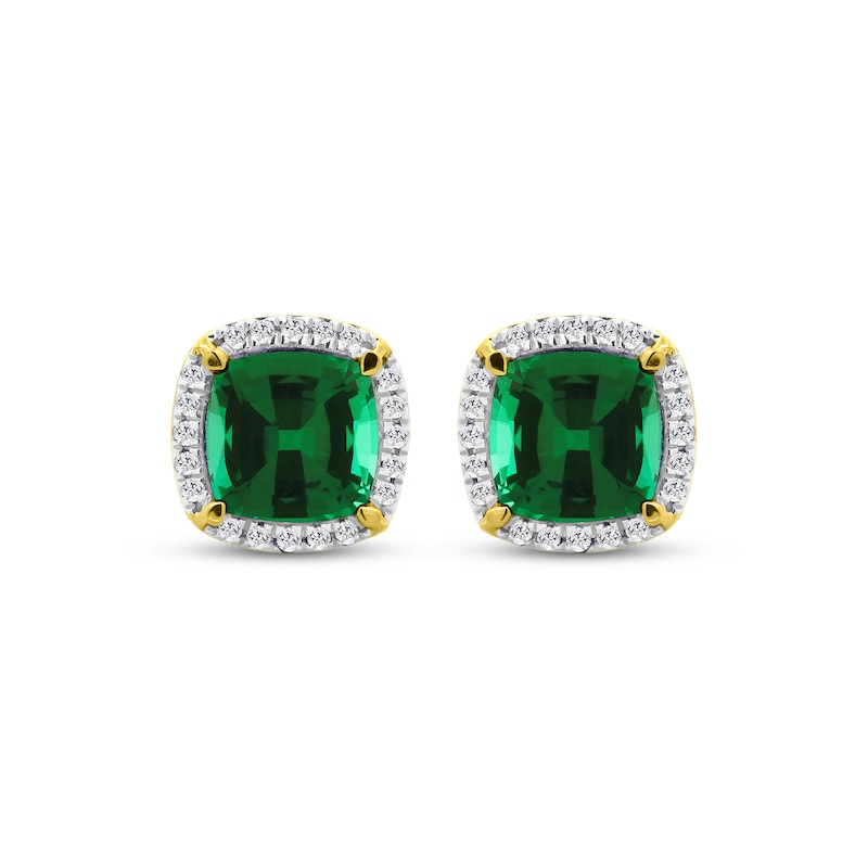Main Image 2 of Men's Cushion-Cut Lab-Created Emerald & Diamond Stud Earrings 1/6 ct tw 10K Yellow Gold
