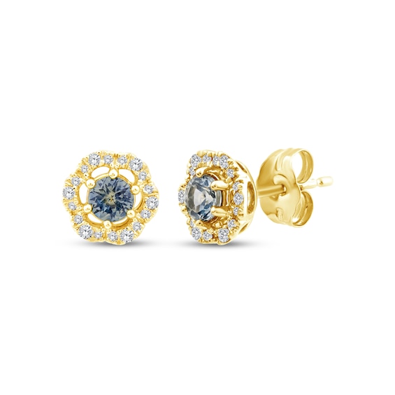 American Blue Sapphire & Diamond Flower Halo Stud Earrings 1/10 ct tw 10K Yellow Gold