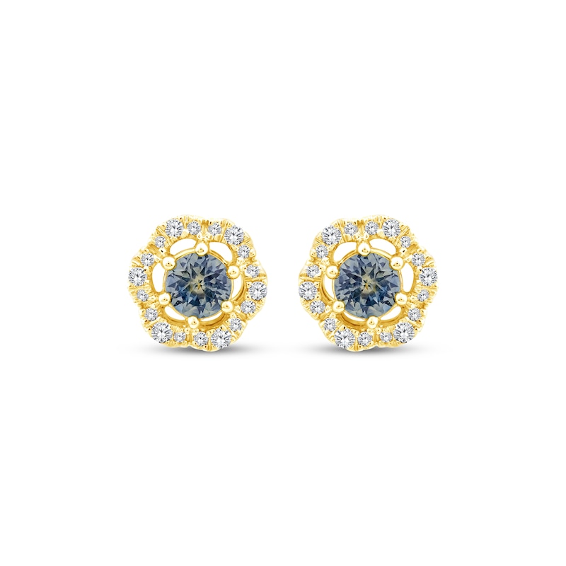 Main Image 2 of American Blue Sapphire & Diamond Flower Halo Stud Earrings 1/10 ct tw 10K Yellow Gold