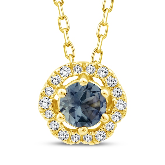 American Blue Sapphire & Diamond Flower Halo Necklace 1/20 ct tw 10K Yellow Gold 18"