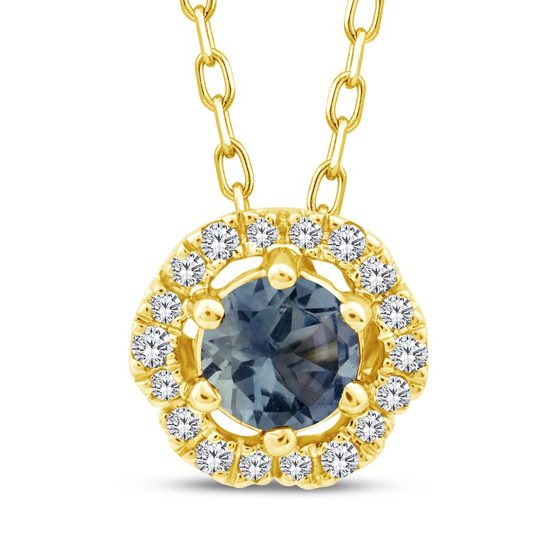 Main Image 1 of American Blue Sapphire & Diamond Flower Halo Necklace 1/20 ct tw 10K Yellow Gold 18"