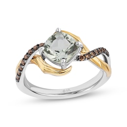 Star Wars Yoda Cushion-Cut Green Quartz & Brown Diamond Ring 1/8 ct tw Sterling Silver & 10K Yellow Gold