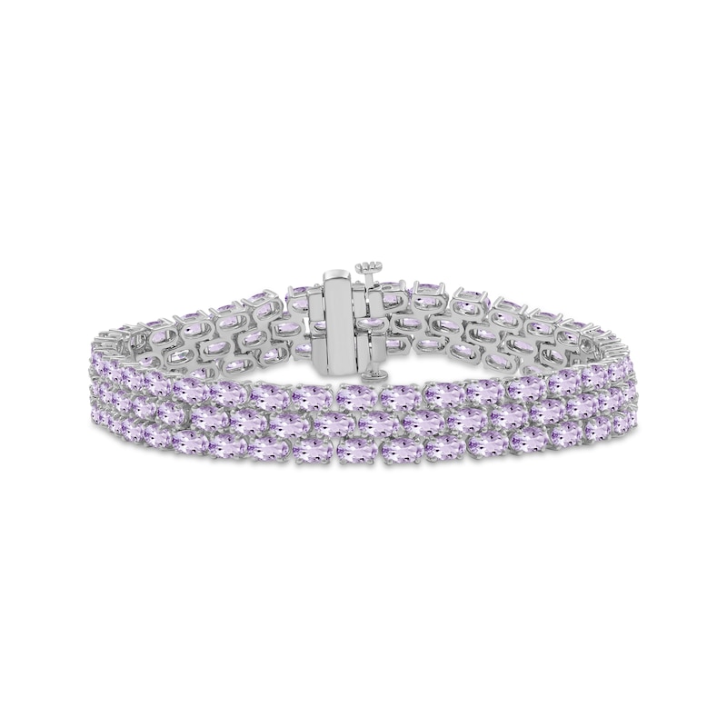 Main Image 1 of Oval-Cut Pink Amethyst Three-Row Bracelet Sterling Silver 7.5"