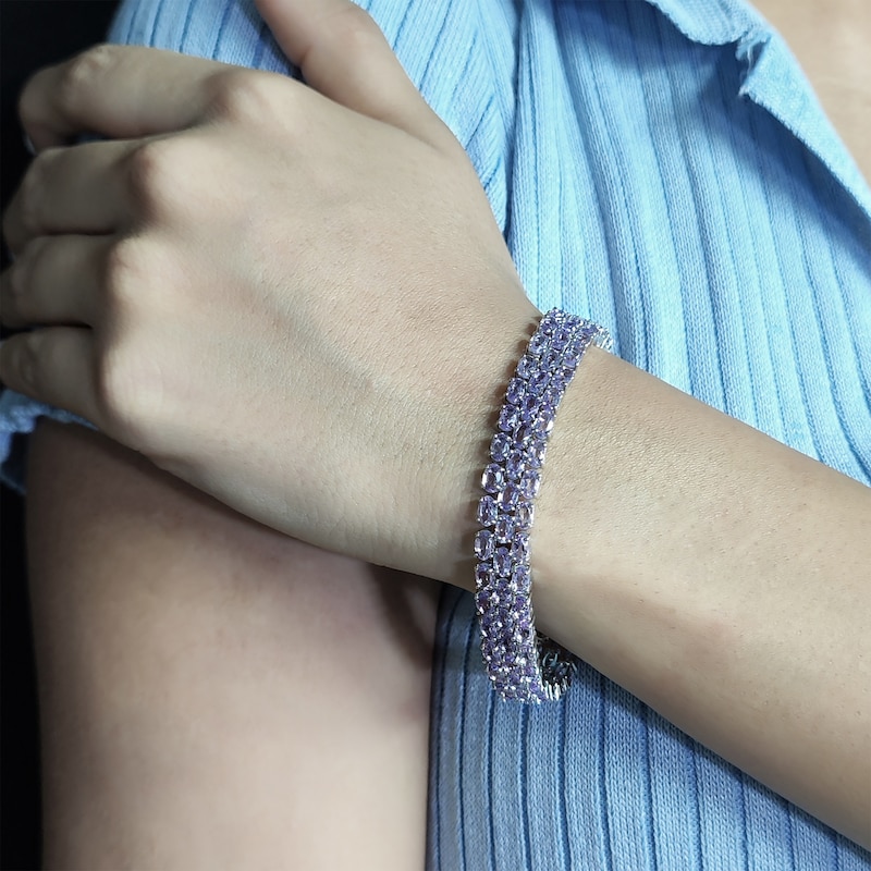 Main Image 3 of Oval-Cut Pink Amethyst Three-Row Bracelet Sterling Silver 7.5"