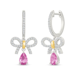 Pink & White Lab-Created Sapphire Bow Drop Earrings Sterling Silver & 10K Yellow Gold