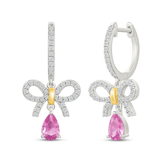 Pink & White Lab-Created Sapphire Bow Drop Earrings Sterling Silver & 10K Yellow Gold