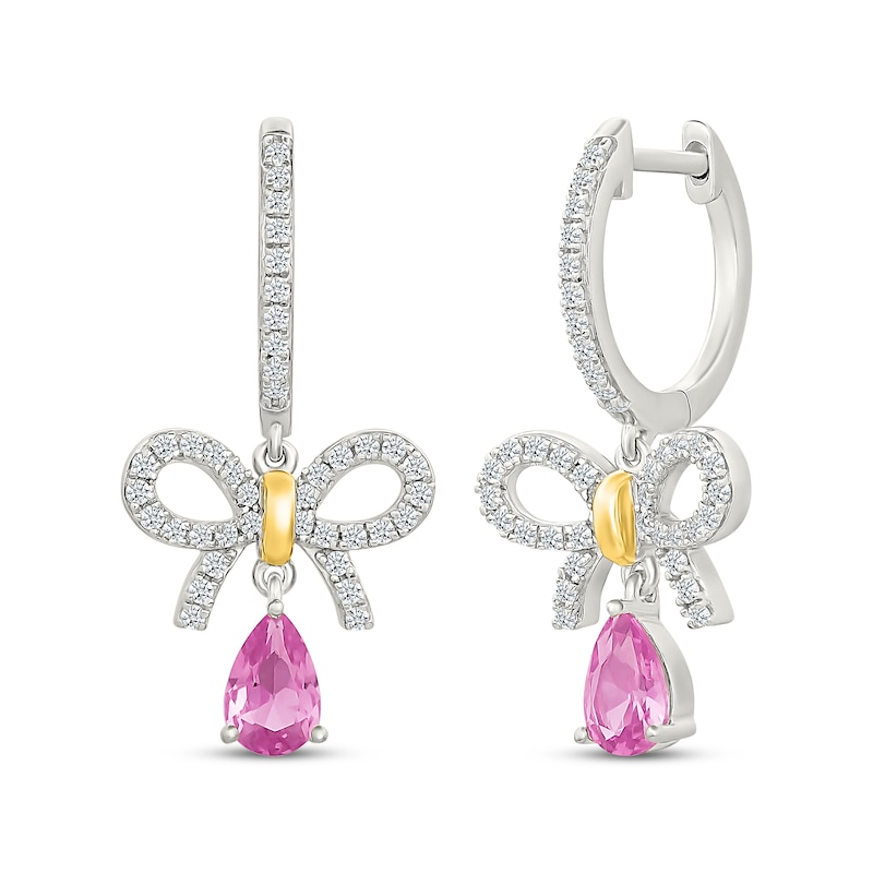 Main Image 1 of Pink & White Lab-Created Sapphire Bow Drop Earrings Sterling Silver & 10K Yellow Gold