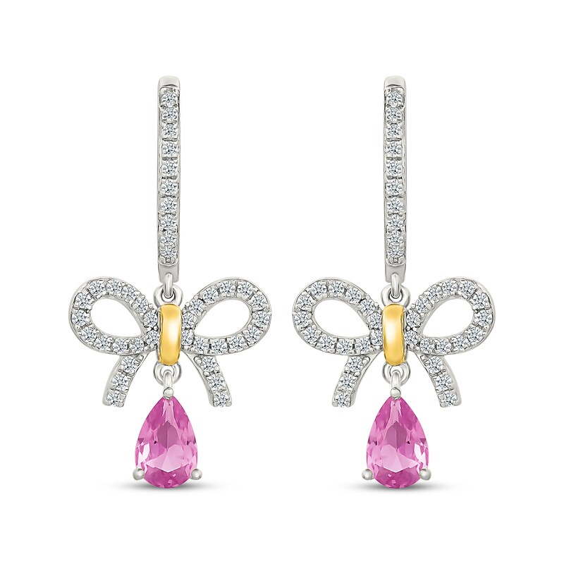 Main Image 2 of Pink & White Lab-Created Sapphire Bow Drop Earrings Sterling Silver & 10K Yellow Gold