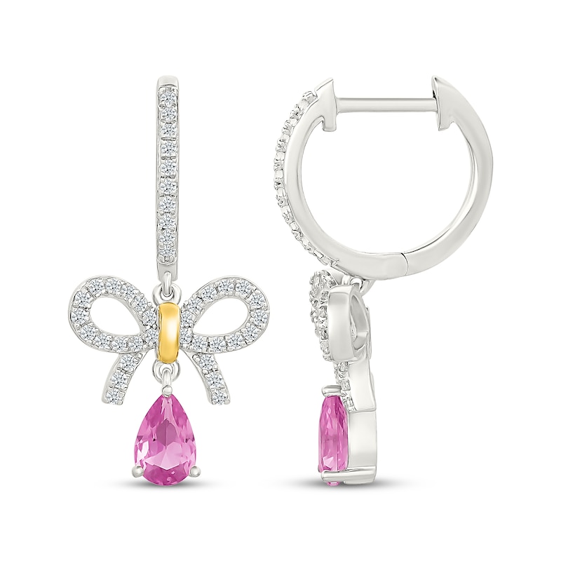 Main Image 3 of Pink & White Lab-Created Sapphire Bow Drop Earrings Sterling Silver & 10K Yellow Gold