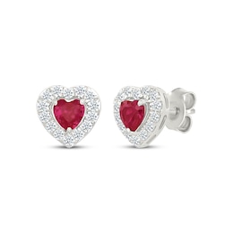 Heart-Shaped Lab-Created Ruby & White Lab-Created Sapphire Stud Earrings Sterling Silver