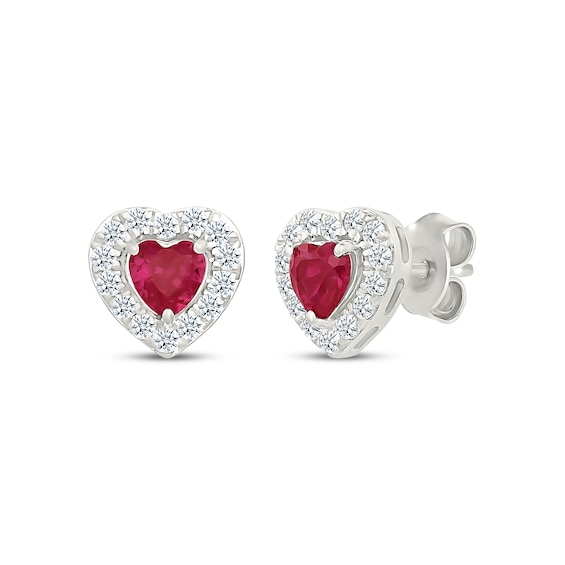 Heart-Shaped Lab-Created Ruby & White Lab-Created Sapphire Stud Earrings Sterling Silver