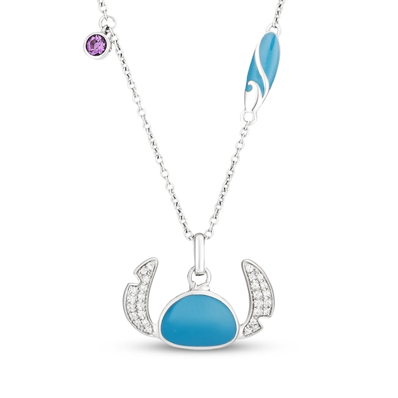 Disney Treasures Lilo & Stitch Amethyst, Diamond & Blue Enamel Necklace 1/10 ct tw Sterling Silver 18"