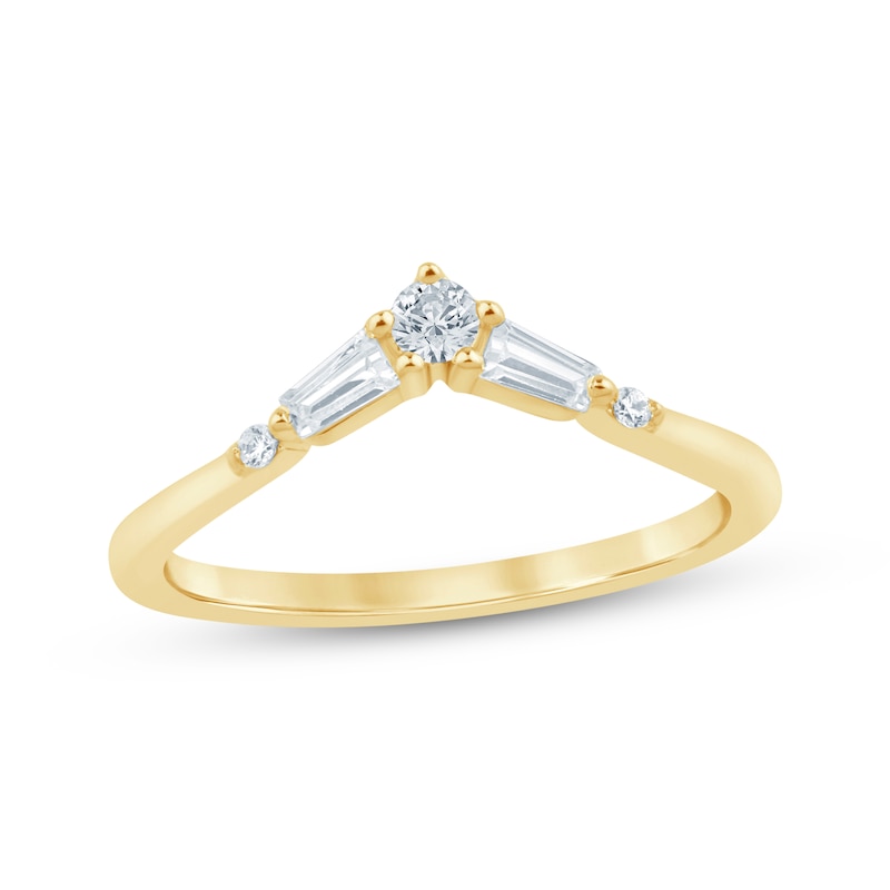 Main Image 1 of Now + Forever Lab-Grown Diamonds Round & Baguette-Cut Chevron Anniversary Ring 1/5 ct tw 14K Yellow Gold