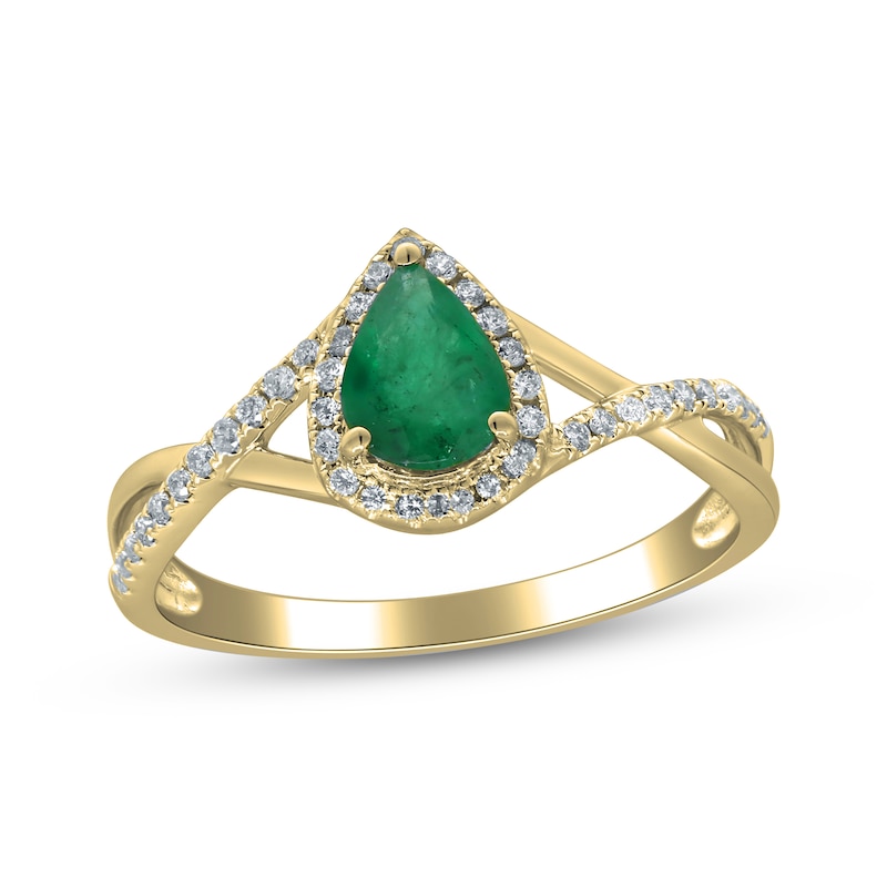 Main Image 1 of Pear-Shaped Natural Emerald & Diamond Halo Ring 1/5 ct tw 10K Yellow Gold