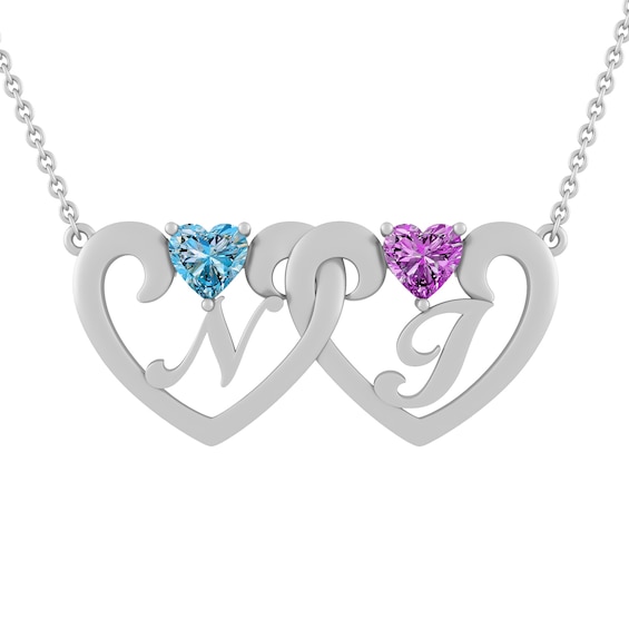 Birthstone Couple's Initial Necklace (2 Stones and Initials)