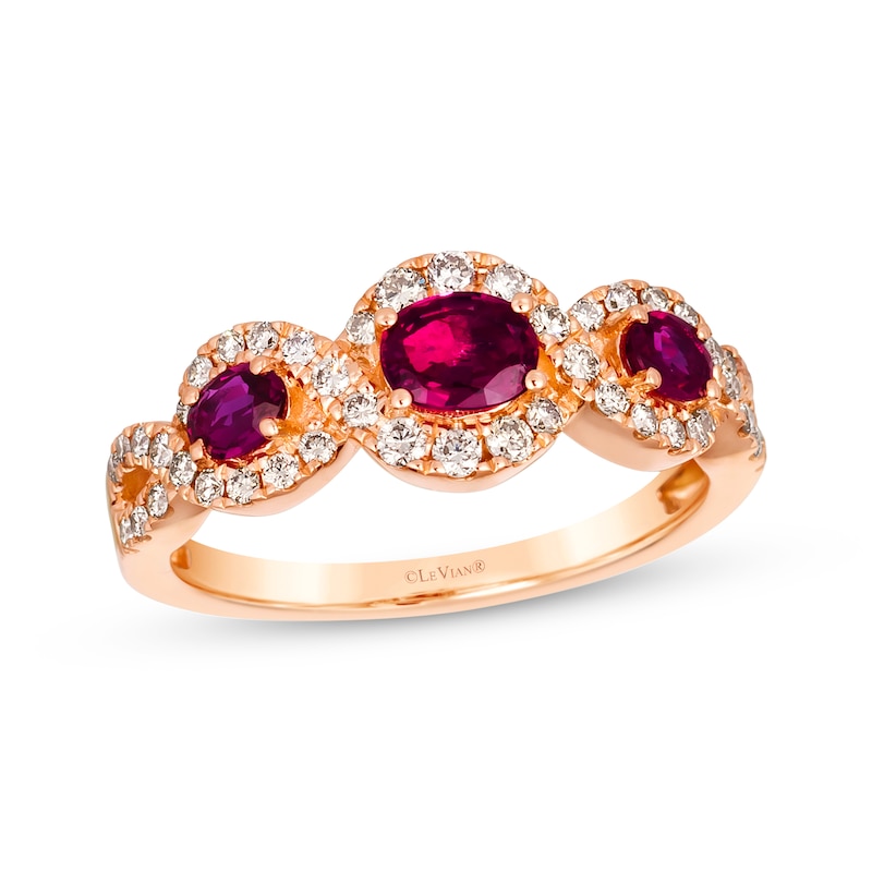 Le Vian Ruby Three-Stone Ring 3/8 ct tw Diamonds 14K Strawberry Gold