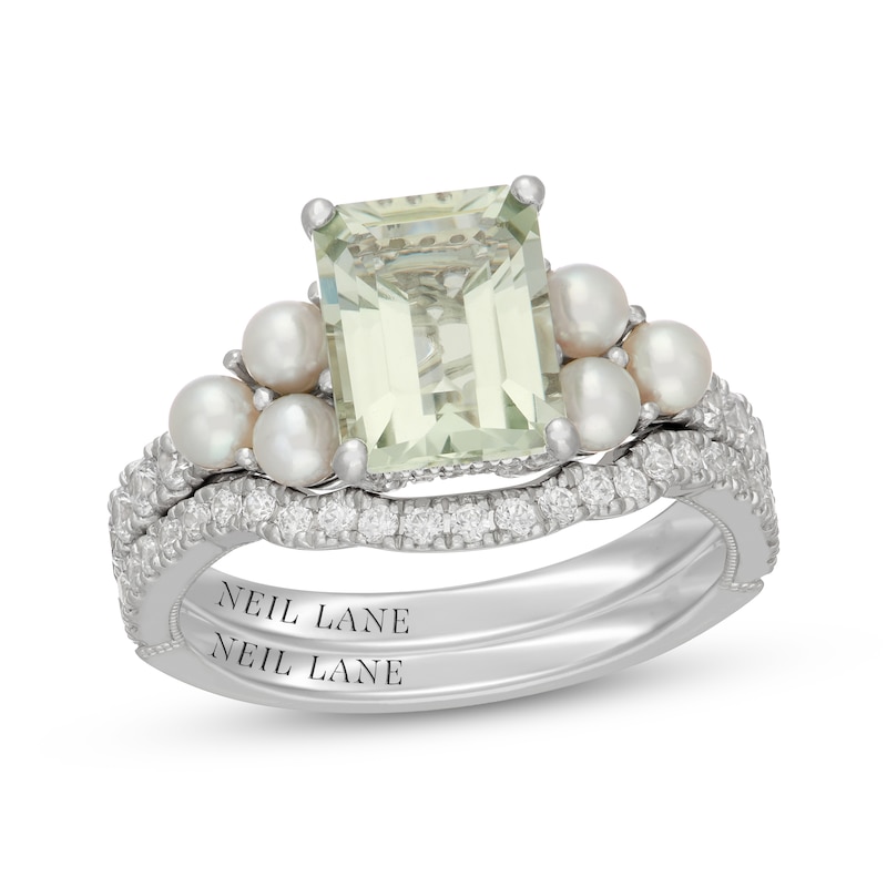 Main Image 1 of Neil Lane Emerald-Cut Green Quartz, Diamond & Akoya Cultured Pearl Bridal Set 1/2 ct tw 14K White Gold
