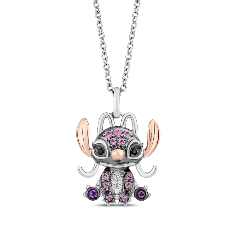 Disney Treasures Lilo & Stitch "Angel" Amethyst, Pink Sapphire & Diamond Necklace Sterling Silver & 10K Rose Gold 19"