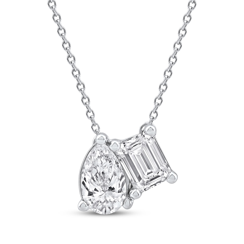 Main Image 1 of Toi et Moi Lab-Grown Diamond Emerald-Cut & Pear-Shaped Necklace 1 ct tw 14K White Gold 18&quot;