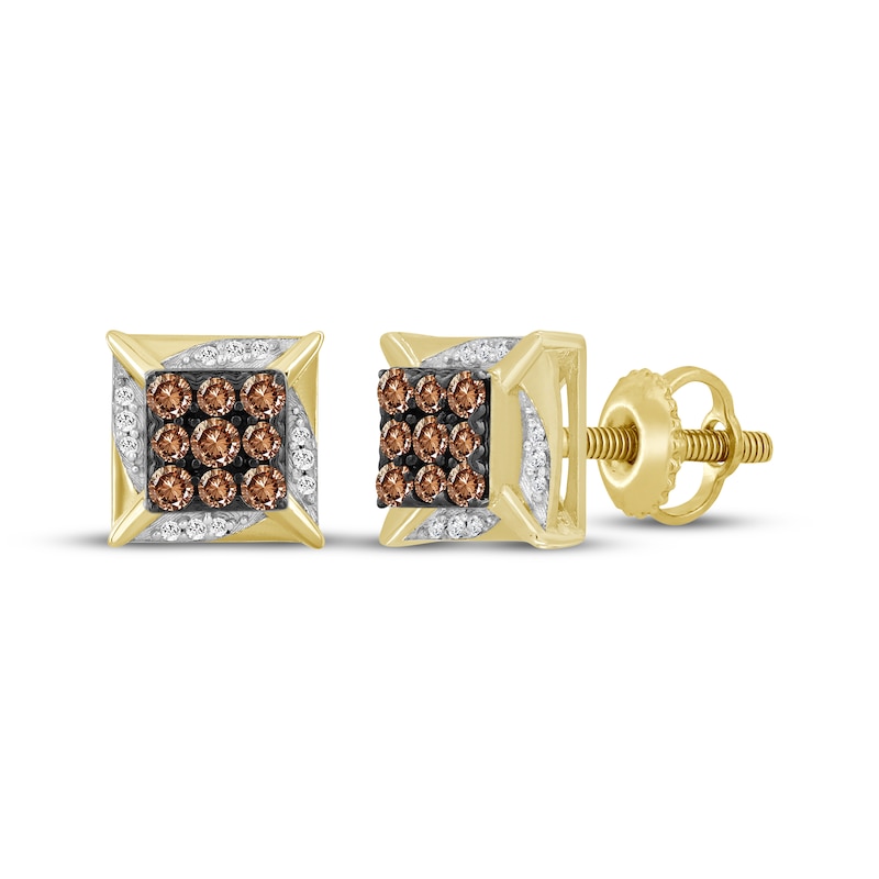 Men's Brown & White Multi-Diamond Square Stud Earrings 1/4 ct tw 10K Yellow Gold