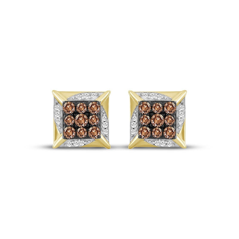 Men's Brown & White Multi-Diamond Square Stud Earrings 1/4 ct tw 10K Yellow Gold