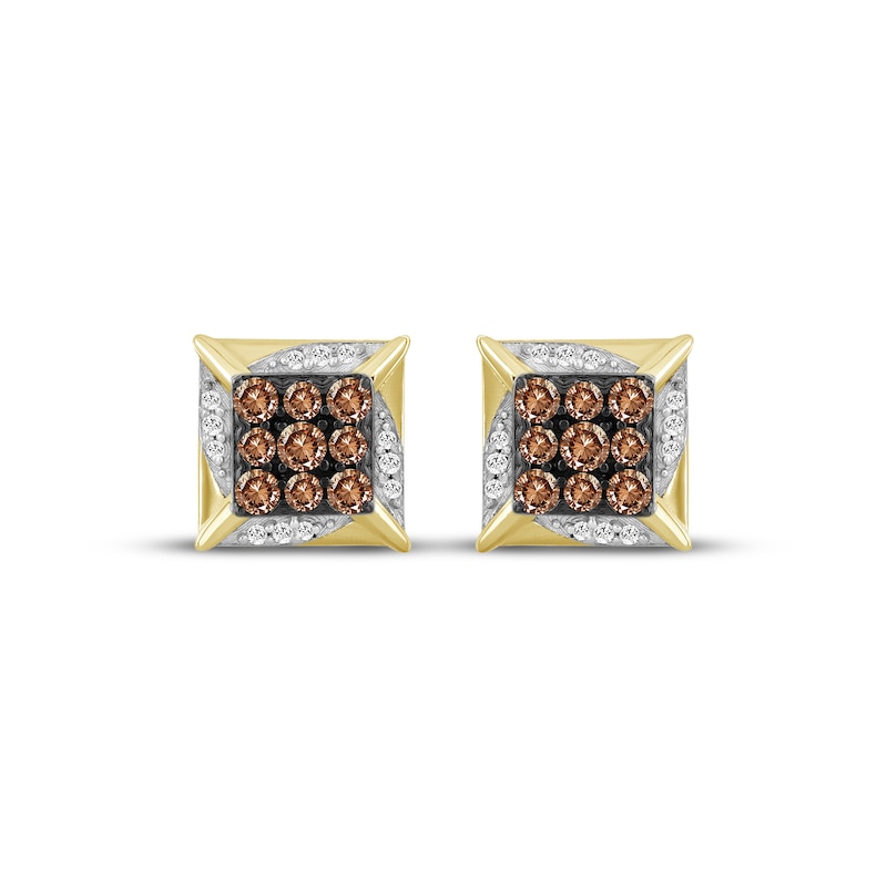 Main Image 2 of Men's Brown & White Multi-Diamond Square Stud Earrings 1/4 ct tw 10K Yellow Gold