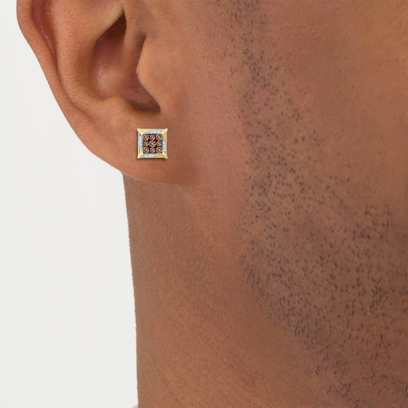 Main Image 3 of Men's Brown & White Multi-Diamond Square Stud Earrings 1/4 ct tw 10K Yellow Gold