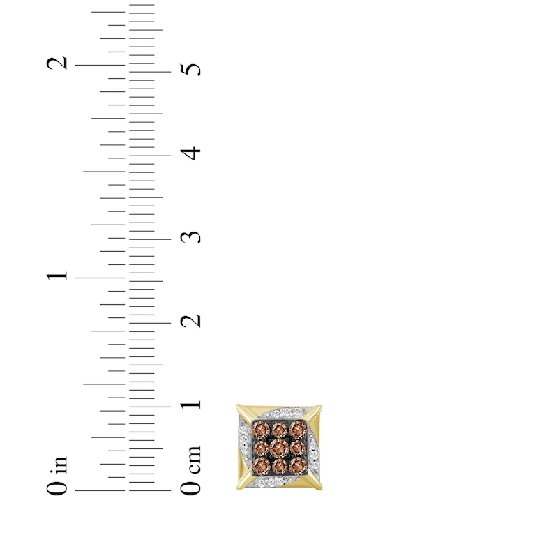 Main Image 4 of Men's Brown & White Multi-Diamond Square Stud Earrings 1/4 ct tw 10K Yellow Gold