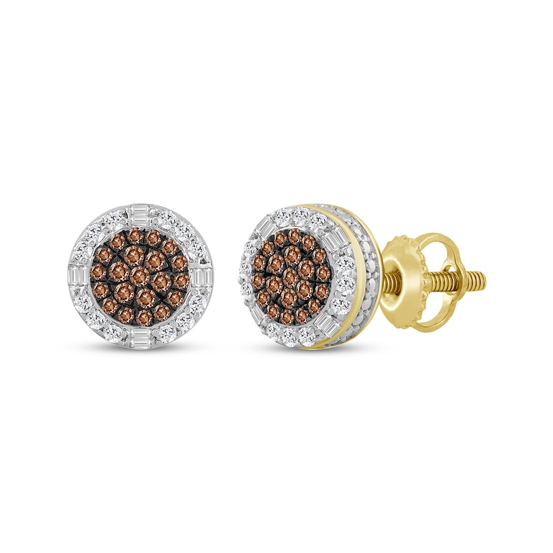 Main Image 1 of Men's Brown & White Multi-Diamond Circle Stud Earrings 1/2 ct tw 10K Yellow Gold