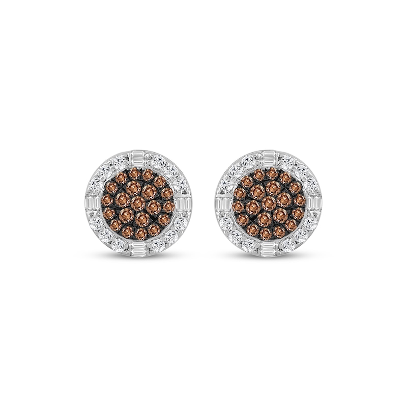 Main Image 2 of Men's Brown & White Multi-Diamond Circle Stud Earrings 1/2 ct tw 10K Yellow Gold
