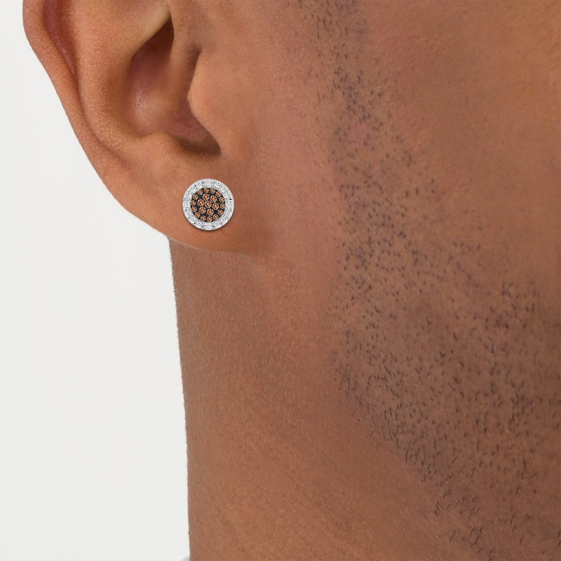 Men's Brown & White Multi-Diamond Circle Stud Earrings 1/2 ct tw 10K Yellow Gold