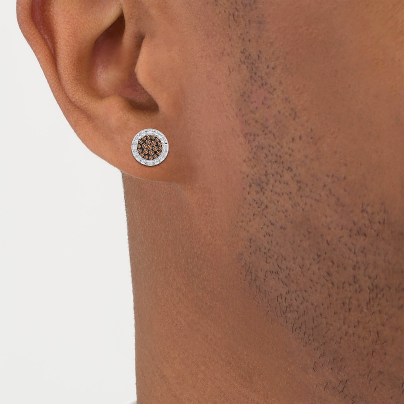 Main Image 3 of Men's Brown & White Multi-Diamond Circle Stud Earrings 1/2 ct tw 10K Yellow Gold
