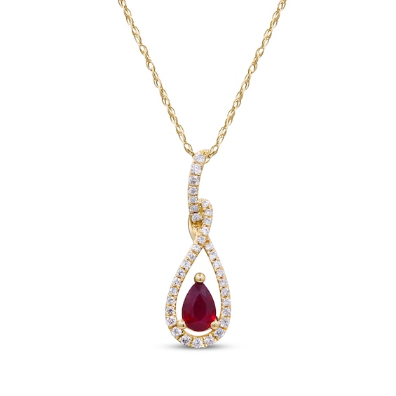 Pear-Shaped Natural Ruby & Diamond Teardrop Frame Necklace 1/6 ct tw 10K Yellow Gold 18"