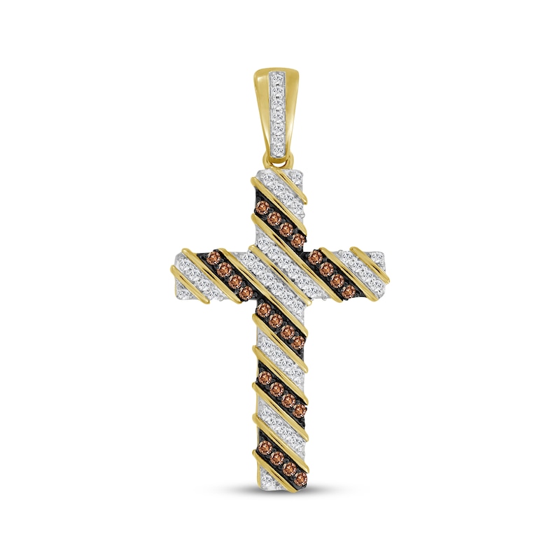 Main Image 1 of Men's Brown & White Diamond Cross Charm 1 ct tw 10K Yellow Gold